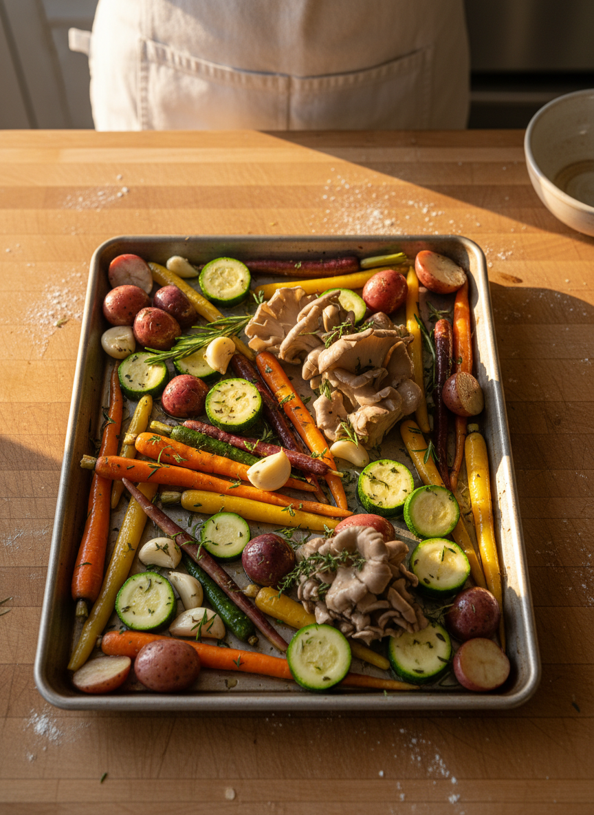 A vibrant sheet pan supper ready for the oven, loaded with colorful Texas garden vegetables: halved baby potatoes, thick coins of zucchini, whole garlic cloves, rainbow carrots, and meaty oyster mushrooms, all glistening with olive oil and flecks of chopped rosemary and thyme. The pan rests on a slightly flour-dusted butcher block counter in a farmhouse kitchen. Late afternoon golden light streams across from the side, making the oil sparkle and casting long, soft shadows. Photographic realism from a top-down, bird’s-eye view emphasizes the arrangement of ingredients and their textures, while the background falls away into soft blur. The mood is energetic and abundant, celebrating the ease of tossing fresh harvests together into a simple, flavorful recipe.