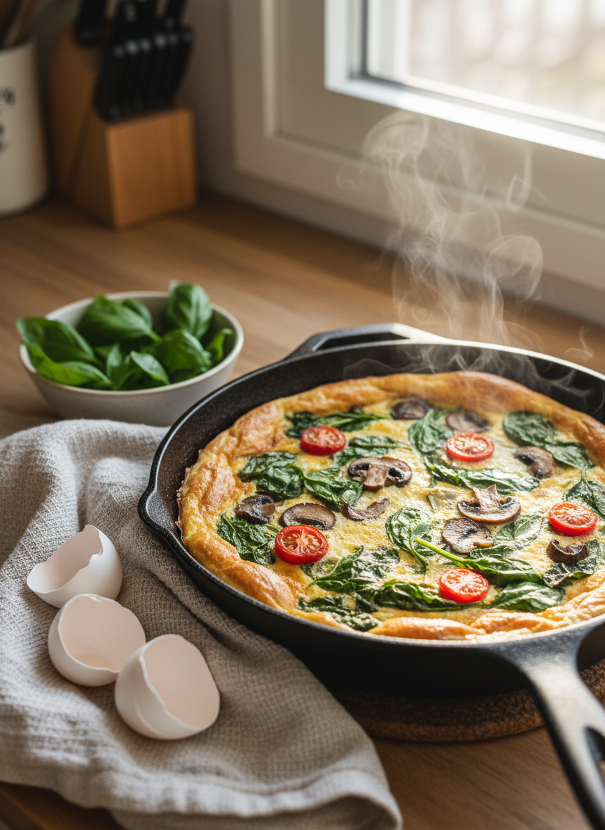 A close-up of a cast-iron skillet frittata just pulled from the oven, its top puffed and golden, dotted with bright green spinach, thin slices of cherry tomato, and chunks of sautéed farm mushrooms. A few cracked eggshells rest casually on a linen towel nearby, alongside a small bowl of freshly picked basil leaves. Morning sunlight filters through a nearby window, creating gentle highlights on the glossy egg surface and catching the steam rising from the hot skillet. Photographic realism with a slightly angled overhead shot and shallow depth of field keeps the frittata in sharp focus while the surrounding kitchen details blur softly. The scene feels warm, playful, and homey, ideal as a hero image for a farm-fresh breakfast recipe.