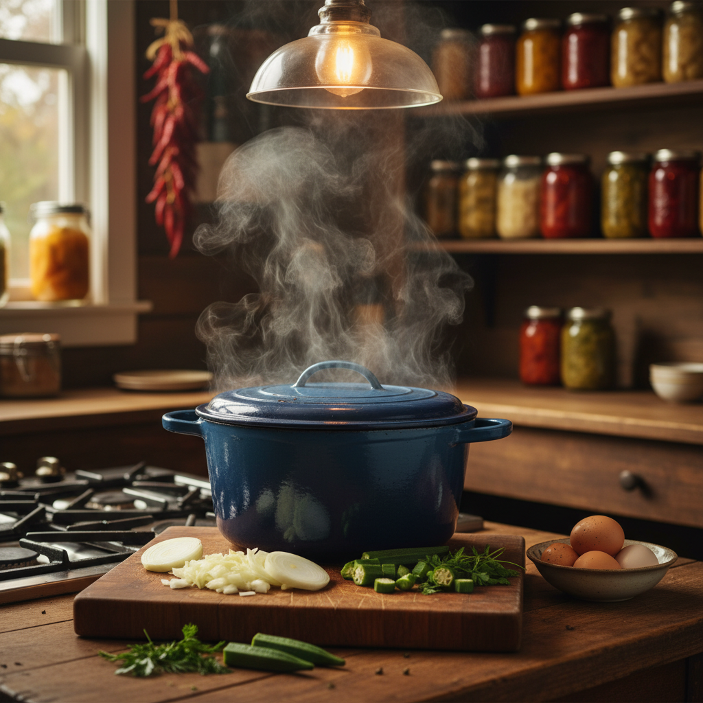 A well-worn, enamel-coated Dutch oven simmering on a gas stove in a homestead kitchen, its lid slightly askew so steam curls up in delicate wisps. Around the pot, a neat arrangement of chopped homegrown onions, okra, and bright green herbs sits on a scratched wooden cutting board, alongside a small bowl of freshly collected farm eggs. Warm overhead pendant lighting reflects softly off the pot’s surface, casting gentle shadows across the counter. Photographic realism with an eye-level composition and subtle bokeh in the background, where shelves lined with mason jars and dried peppers add context. The atmosphere feels cozy and hands-on, capturing the playful, experimental spirit of cooking what you just harvested.